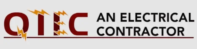 Logo of qic, featuring the text "an electrical contractor" in red and gray, with a stylized red and orange spark design.