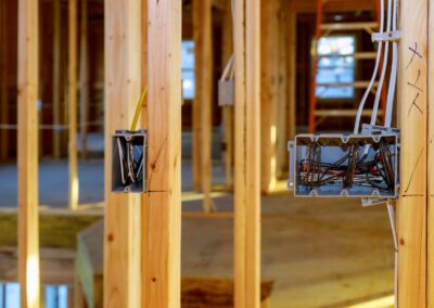 Unfinished wooden framing of a building with exposed electrical wiring and outlet boxes installed.